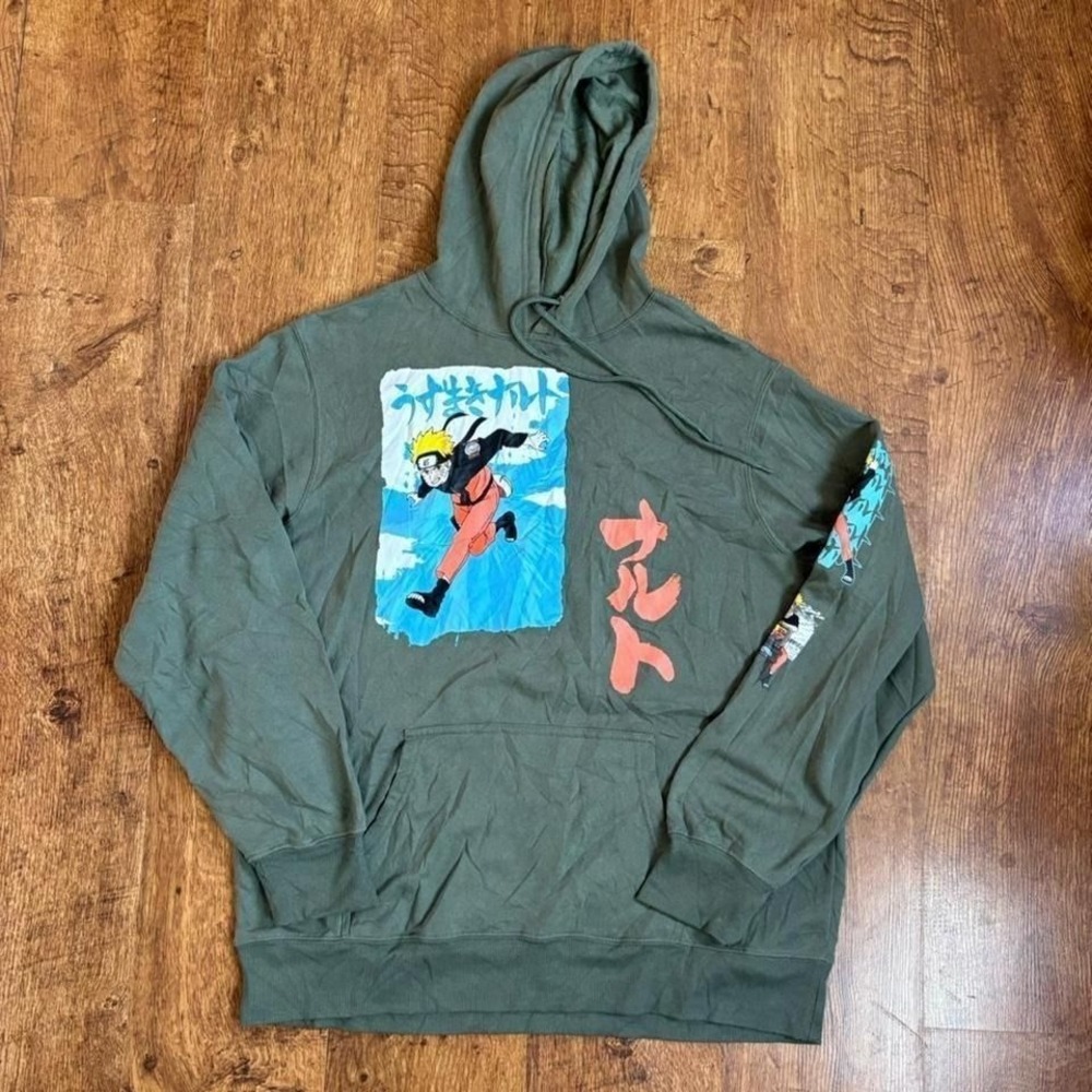 Naruto green hoodie with cool design on sleeve, some spots all around,